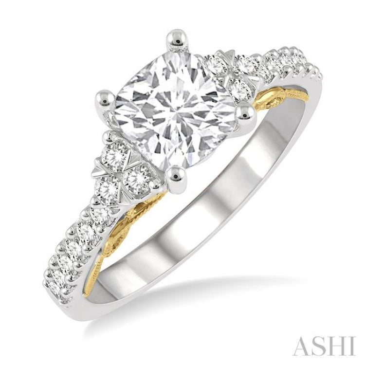 1/3 Ctw Cushion Shape Tri Mount Round Cut Diamond Semi-Mount Engagement Ring in 14K White and Yellow Gold