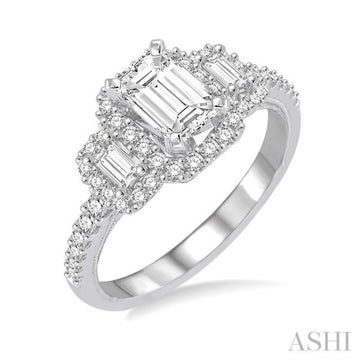 5/8 Ctw Diamond Ladies Engagement Ring with 1/4 Ct Emerald Cut Center Stone in 14K White Gold