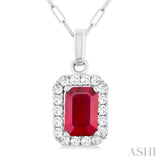 6x4 MM Octagonal Shape Ruby and 1/6 Ctw Round Cut Diamond Halo Precious Pendant with Chain in 10K White Gold