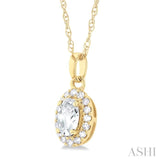 5x3 MM Oval Shape White Topaz and 1/20 Ctw Single Cut Diamond Halo Semi-Precious Pendant with Chain in 10K Yellow Gold