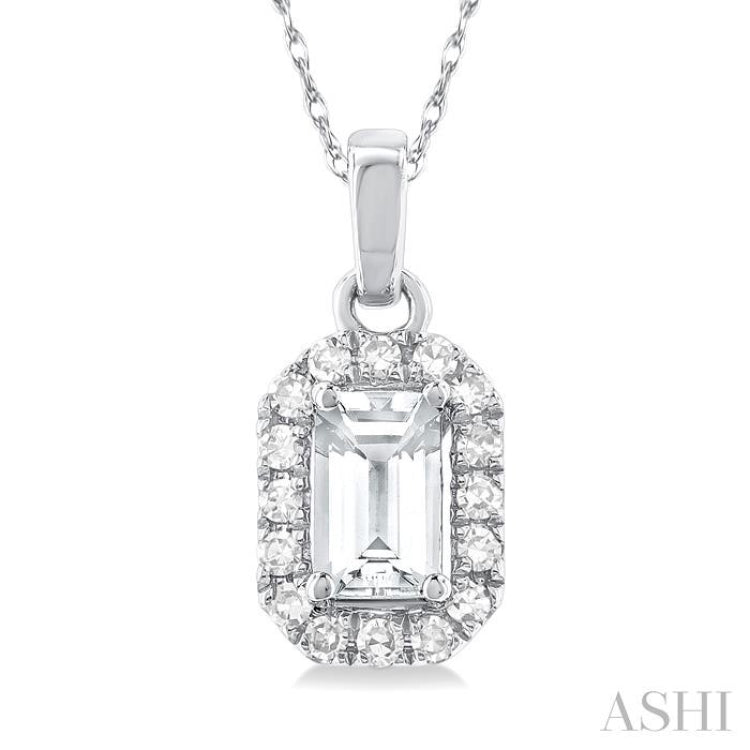 5x3 MM Octagonal Shape White Topaz and 1/20 Ctw Single Cut Diamond Halo Semi-Precious Pendant with Chain in 14K White Gold