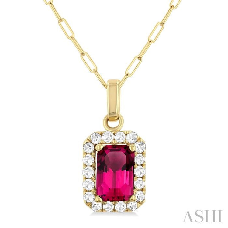 6x4 MM Octagonal Shape Pink Tourmaline and 1/6 Ctw Round Cut Diamond Halo Semi-Precious Pendant with Chain in 10K Yellow Gold