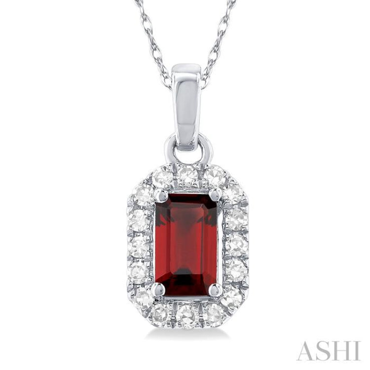 5x3 MM Octagonal Shape Garnet and 1/20 Ctw Single Cut Diamond Halo Semi-Precious Pendant with Chain in 14K White Gold
