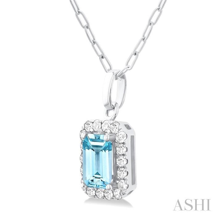6x4 MM Octagonal Shape Aquamarine and 1/6 Ctw Round Cut Diamond Halo Semi-Precious Pendant with Chain in 10K White Gold