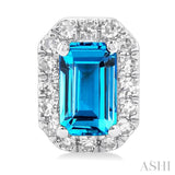 5x3 MM Octagonal Shape Blue Topaz and 1/8 Ctw Single Cut Diamond Halo Semi-Precious Stud Earrings in 14K White Gold
