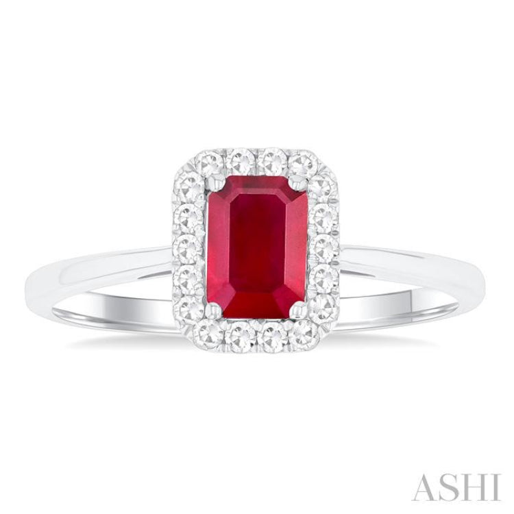 6x4 MM Octagonal Shape Ruby and 1/6 Ctw Round Cut Diamond Halo Precious Ring in 10K White Gold