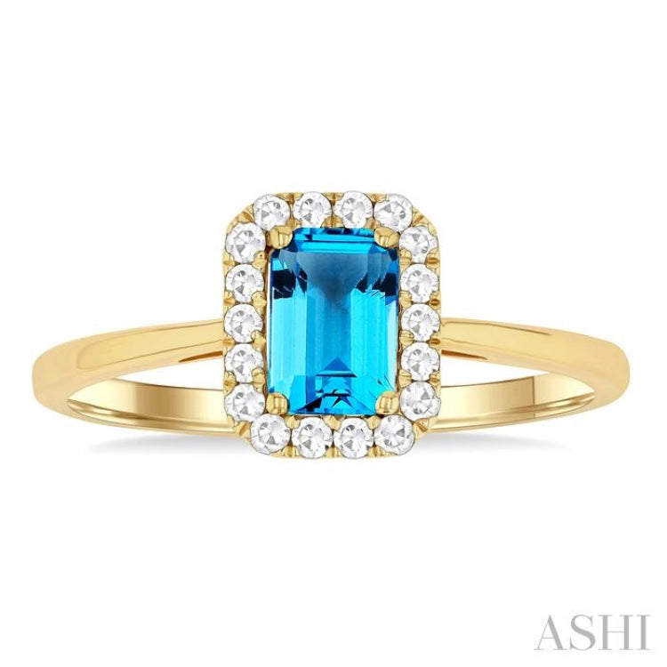 6x4 MM Octagonal Shape Blue Topaz and 1/6 Ctw Round Cut Diamond Halo Semi-Precious Ring in 10K Yellow Gold