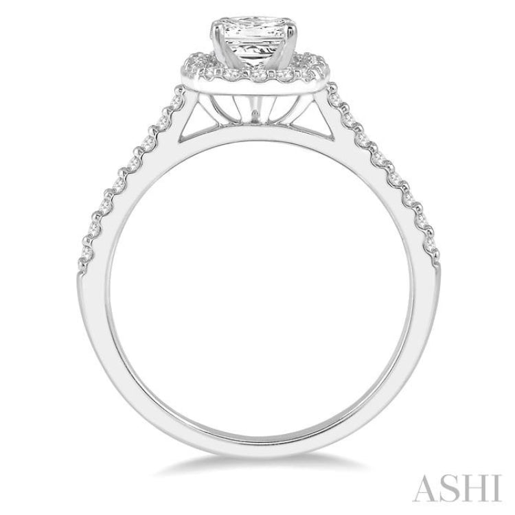 1 Ctw Cushion Shape Round & Princess Cut Diamond Engagement Ring With 3/4 Ctw Princess Cut Center Stone in 14K White Gold