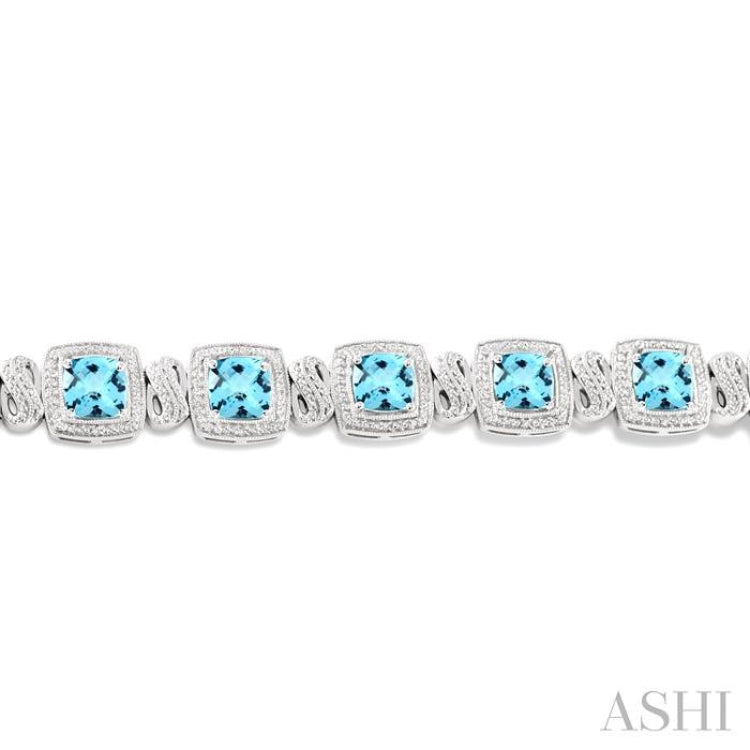 7x7 MM Cushion Shape Blue Topaz and 1/10 Ctw Single Cut Diamond Square Shape Bracelet in Sterling Silver