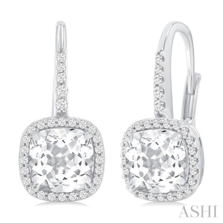 7X7 MM Cushion Cut White Topaz and 1/4 Ctw Round Cut Diamond Halo Semi-Precious Earring in 14K White Gold