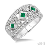 3/8 Ctw Round Cut Diamond and 2.2mm & 2.4mm Princess Cut Emerald Fashion Band in 14K White Gold