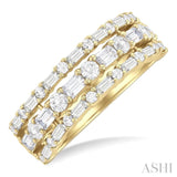 1 1/2 Ctw Triple Row Emerald, Baguette and Round Cut Diamond Fashion Band in 14K Yellow Gold
