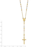 14K Tri-color Polished Crucifix and Miraculous Medal with Faceted Beads 24 inch Rosary Necklace
