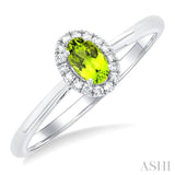 5x3 MM Oval Shape Peridot and 1/20 Ctw Single Cut Diamond Halo Semi-Precious Ring in 10K White Gold