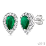 5x3 MM Pear Shape Emerald and 1/8 Ctw Single Cut Diamond Halo Precious Stud Earrings in 10K White Gold