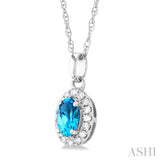 5x3 MM Oval Shape Blue Topaz and 1/20 Ctw Single Cut Diamond Halo Semi-Precious Pendant with Chain in 14K White Gold