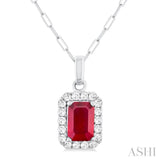6x4 MM Octagonal Shape Ruby and 1/6 Ctw Round Cut Diamond Halo Precious Pendant with Chain in 10K White Gold