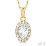 5x3 MM Oval Shape White Topaz and 1/20 Ctw Single Cut Diamond Halo Semi-Precious Pendant with Chain in 10K Yellow Gold