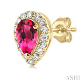 5x3 MM Pear Shape Pink Tourmaline and 1/8 Ctw Single Cut Diamond Halo Semi-Precious Stud Earrings in 10K Yellow Gold