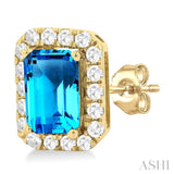 6x4 MM Octagonal Shape Blue Topaz and 1/4 Ctw Round Cut Diamond Halo Semi-Precious Stud Earrings in 10K Yellow Gold
