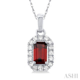 5x3 MM Octagonal Shape Garnet and 1/20 Ctw Single Cut Diamond Halo Semi-Precious Pendant with Chain in 14K White Gold