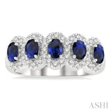 4x3 MM Oval Cut Sapphire and 1/3 Ctw Round Cut Diamond Precious Wedding Band in 14K White Gold