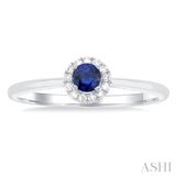 3.25 MM Round Sapphire and 1/20 Ctw Round Cut Diamond Halo Precious Ring in 14K White Gold