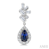 5X3MM Pear Cut Sapphire, Round and  1/3 Ctw  Baguette Cut Scatter Diamond Precious Fashion earrings in 10K White Gold