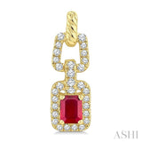 1/4 Ctw 4X3MM Octagon Shape Ruby and Round Cut Diamond Halo Precious Link Earring in 14K Yellow Gold