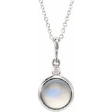 Platinum 8 mm Natural Rainbow Moonstone & .03 CT Natural Diamond Cabochon 16-18" Necklace