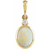 14K Yellow Gold 9x7 mm Natural White Opal & .03 CT Natural Diamond Cabochon Pendant