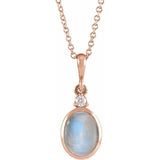 14K Rose Gold 10x8 mm Natural Rainbow Moonstone & .03 CT Natural Diamond 16-18" Necklace