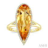 22X8 MM Pear Shape Citrine and 1/5 Ctw Round Cut Diamond Semi-Precious Ring in 14K Yellow Gold