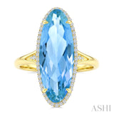 22X8 MM Oval Shape Blue Topaz and 1/5 Ctw Round Cut Diamond Semi-Precious Ring in 14K Yellow Gold