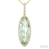 22X8 MM Oval Shape Green Amethyst and 1/4 Ctw Round Cut Diamond Semi-Precious Pendant With Chain in 14K Yellow Gold