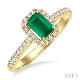 6x4 MM Emerald and 1/4 Ctw Emerald Shape Round Cut Diamond Halo Precious Ring in 14K Yellow Gold