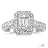 5/8 Ctw Octagonal Shape Round Cut and Baguette Diamond Ring in 14K White Gold