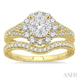 3/4 Ctw Diamond Lovebright Wedding Set with 5/8 Ctw Engagement Ring in Yellow and White Gold and 1/6 Ctw Wedding Band in 14K Yellow Gold