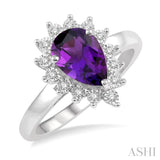 9x6 MM Pear Shape Amethyst and 1/10 Ctw Round Cut Diamond Semi-Precious Ring in 10K White Gold