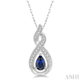 6x4 MM Entwined Pear Shape Sapphire and 1/10 Ctw Round Cut Diamond Precious Pendant With Chain in 10K White Gold