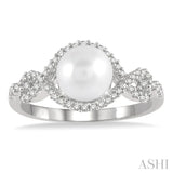 7 MM Round Shape Cultured Pearl and 1/5 Ctw Round Cut Diamond Twisted Open Lattice Ring in 10K White Gold