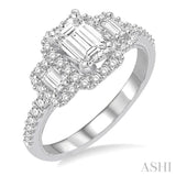 1 Ctw Baguette and Round Cut Diamond Ladies Engagement Ring with 1/2 Ct Emerald Cut Center Stone in 14K White Gold