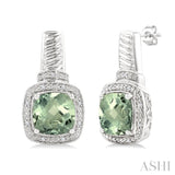 8x8 MM Cushion Shape Green Amethyst and 1/20 Ctw Round Cut Diamond Earrings in Sterling Silver