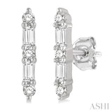 1/6 Ctw Solid Bar Baguette and Round Cut Diamond Petite Earrings in 10K White Gold