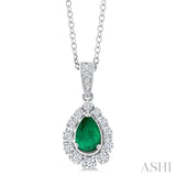 6X4 MM Pear Cut Emerald and 1/4 Ctw Round Cut Diamond Precious Pendant With Chain in 14K White Gold