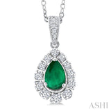 6X4 MM Pear Cut Emerald and 1/4 Ctw Round Cut Diamond Precious Pendant With Chain in 14K White Gold