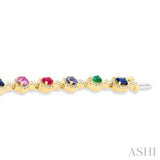 4X3 MM & 4 MM Mixed Shape Gemstone Rainbow and 1 ctw Round Cut Diamond Halo Precious Tennis Bracelet in 14K Yellow Gold