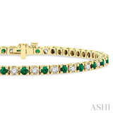 2.5 MM Emerald and 1 1/2 Ctw Round Cut Diamond Square Box Link Precious Tennis Bracelet in 14K Yellow Gold