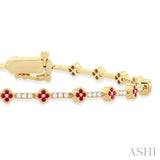 1/2 Ctw Clover Leaf & Bar Link 1.00 MM Ruby and Round Cut Diamond Precious Bracelet in 14K Yellow Gold