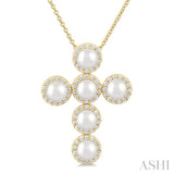 1/3 ctw Cross 4X4 MM Cultured Pearl and Round Cut Diamond Fashion Pendant With Chain in 14K Yellow Gold